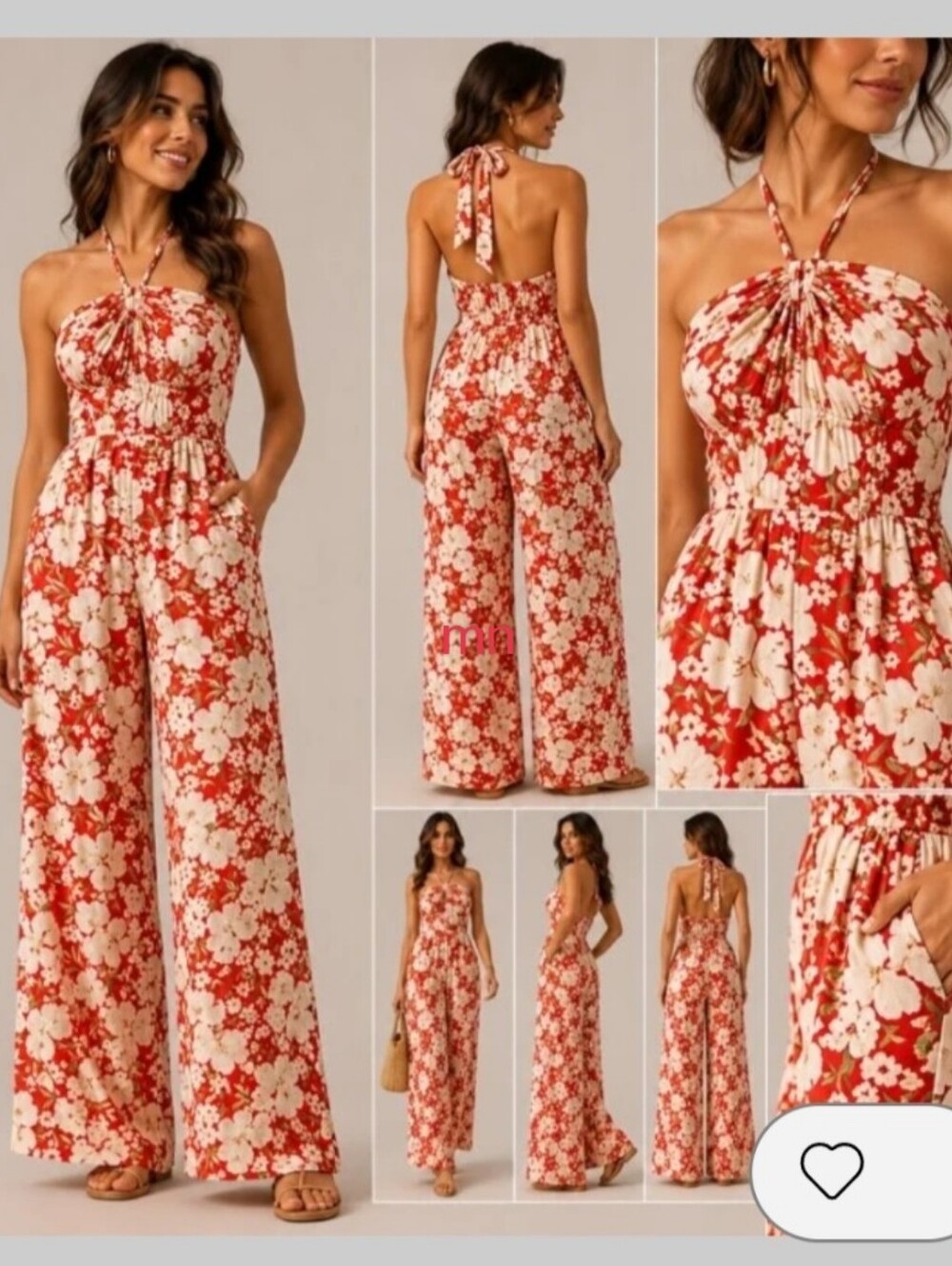 American Eagle Outfitters Red & Cream Floral Halter Jumpsuit